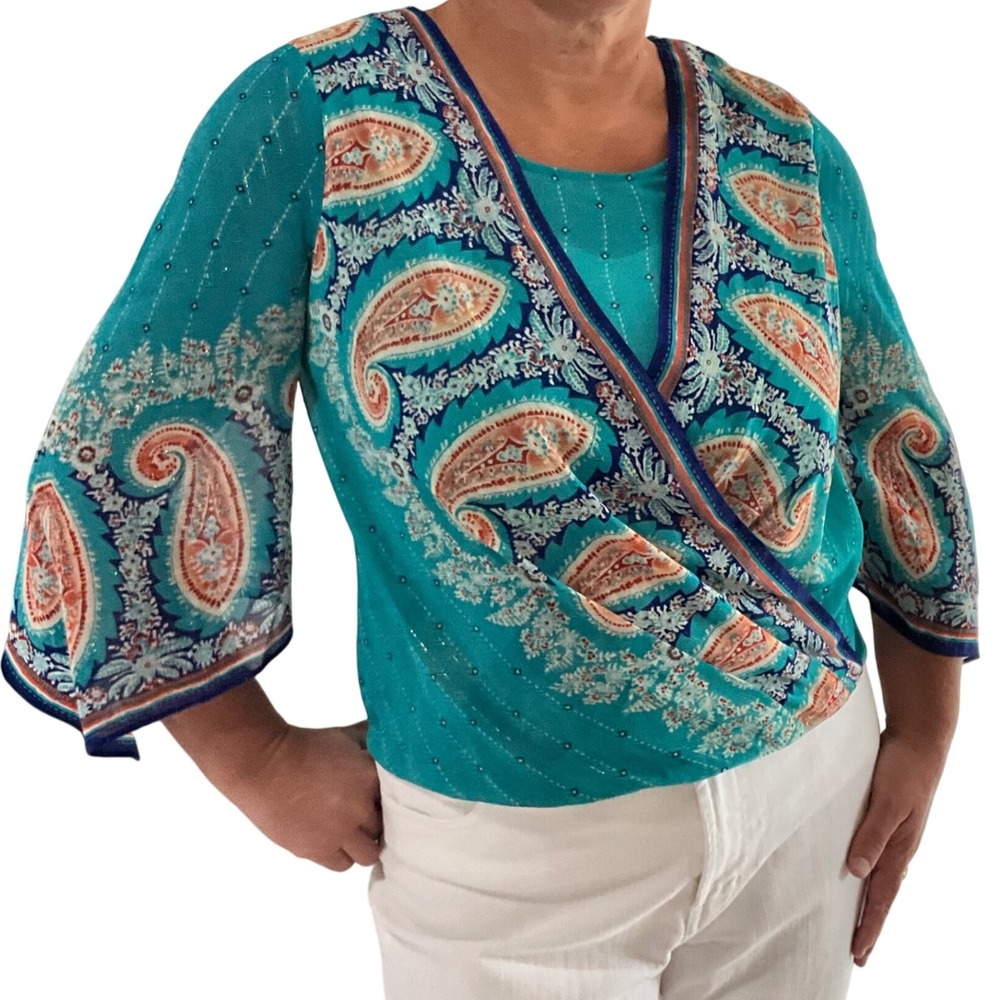 Chico's‎ Teal Paisley Print Blouse Top Womens Size 0 XS 4 Kimono Sleeve